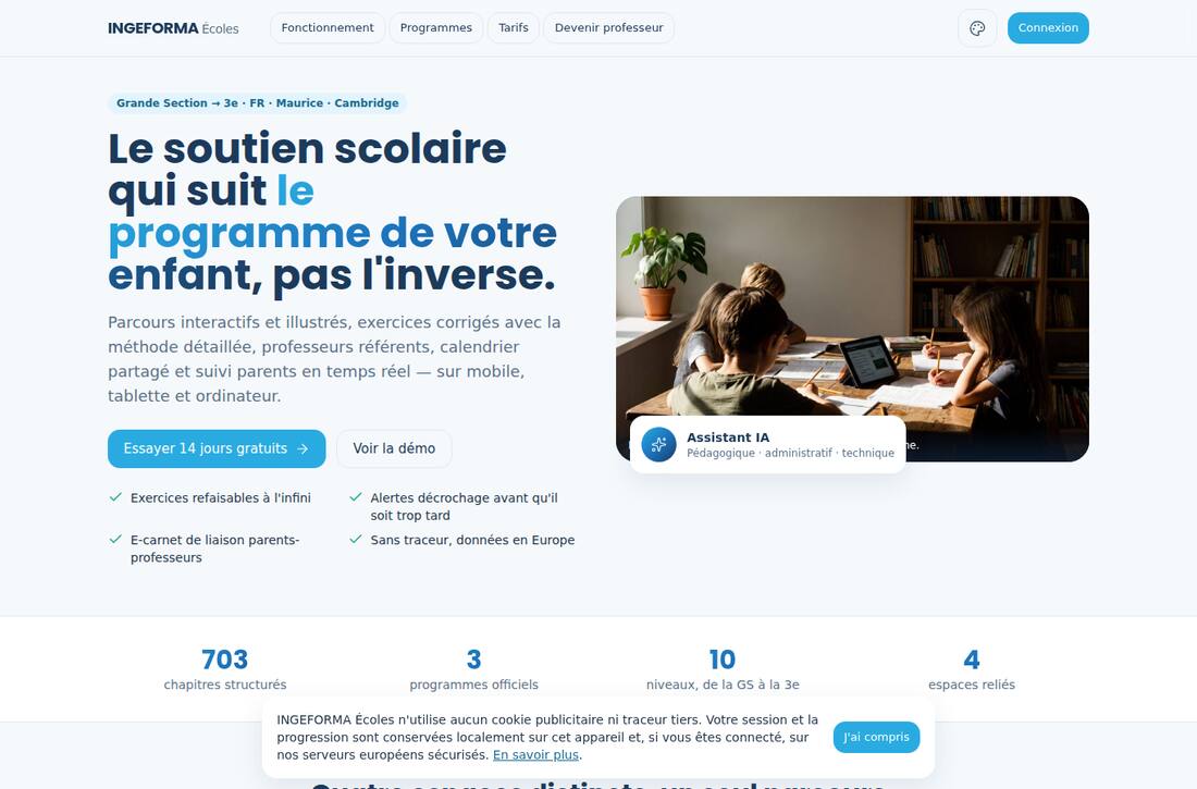 Page d'accueil publique de la plateforme : titre, arguments et statistiques du catalogue.