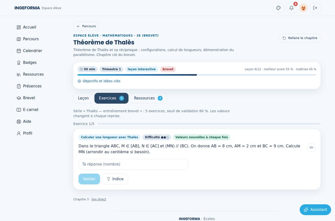 Un exercice corrigé affichant la réponse attendue, le corrigé et la méthode détaillée numérotée.