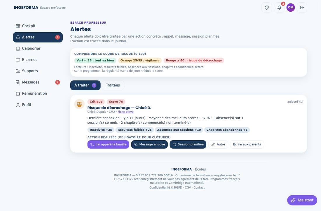 Liste des alertes côté professeur, avec le détail des facteurs déclencheurs.