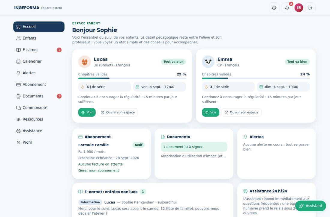 Accueil de l'espace parent : état de chaque enfant, prochaines séances, documents et abonnement.
