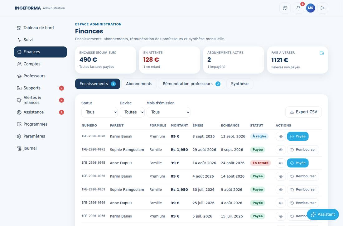 Espace administration, page finances : factures émises, encaissements et rémunérations.