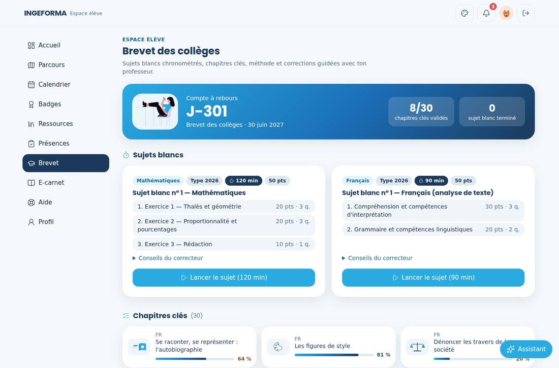 Espace de préparation au brevet : sujets blancs chronométrés et suivi des scores.