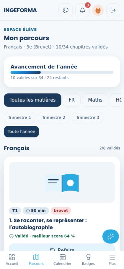 Le parcours de l'élève affiché sur un téléphone.